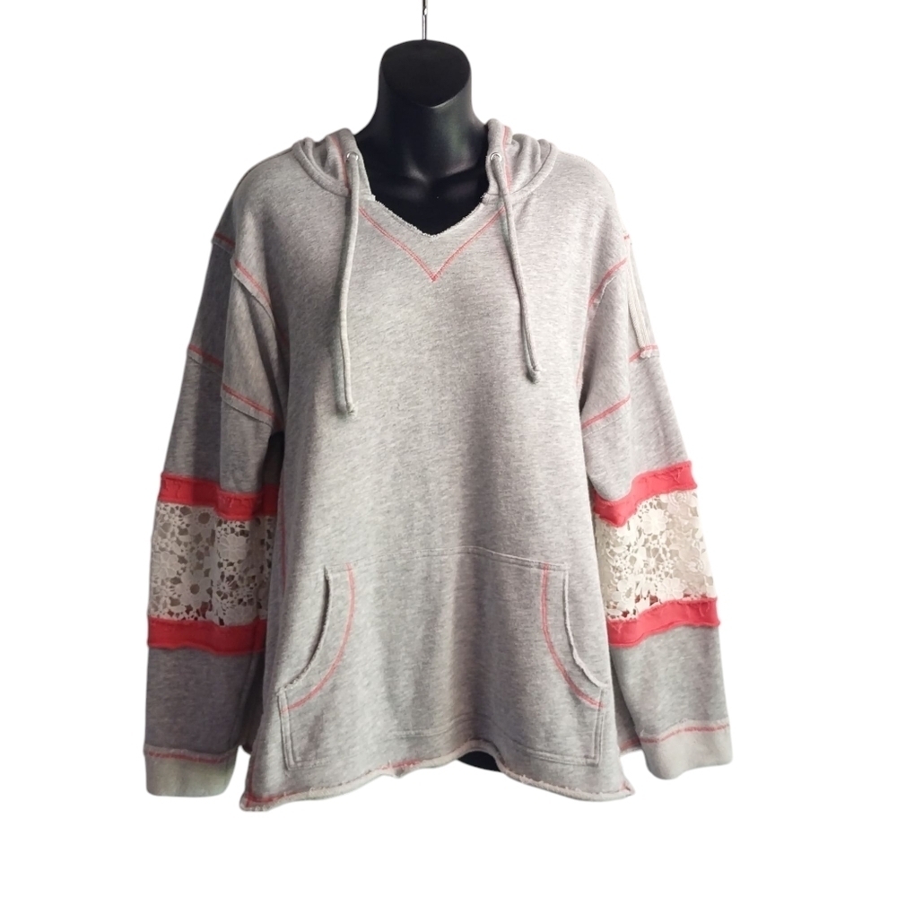 Active Hoodie Women's Light Gray Pink Lace Trimmed Sweatshirt V-Neck Size 14/16W